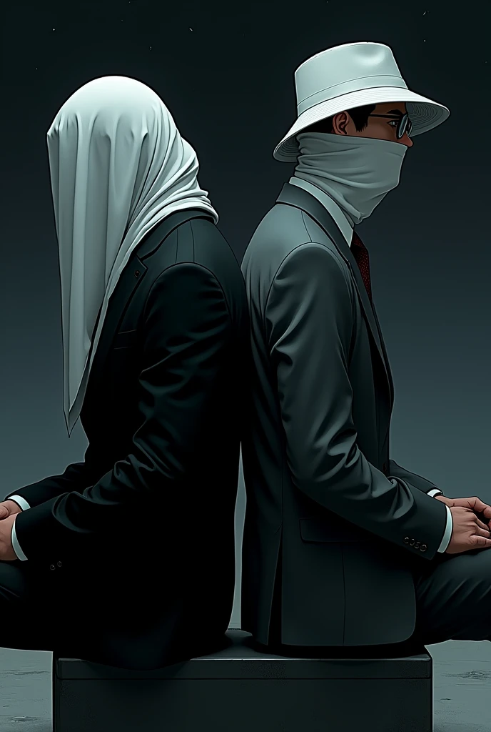 Sur le plan nous avons deux hommes le font et de nuit à gauche de côté un homme assis porte un costard avec une cravate noire possède un tissu blanc recouvrant l'entièreté de son visage qui c'est qui va vers l'arrière de sa tête dos à lui, also sitting back to back to the character on the left the character on the right is another person wearing a blue shirt ,une cagoule blanche sur son visage montrer sa bouche il possède des lunettes superposées sur la cagoule et un bob blanc par dessus la cagoule