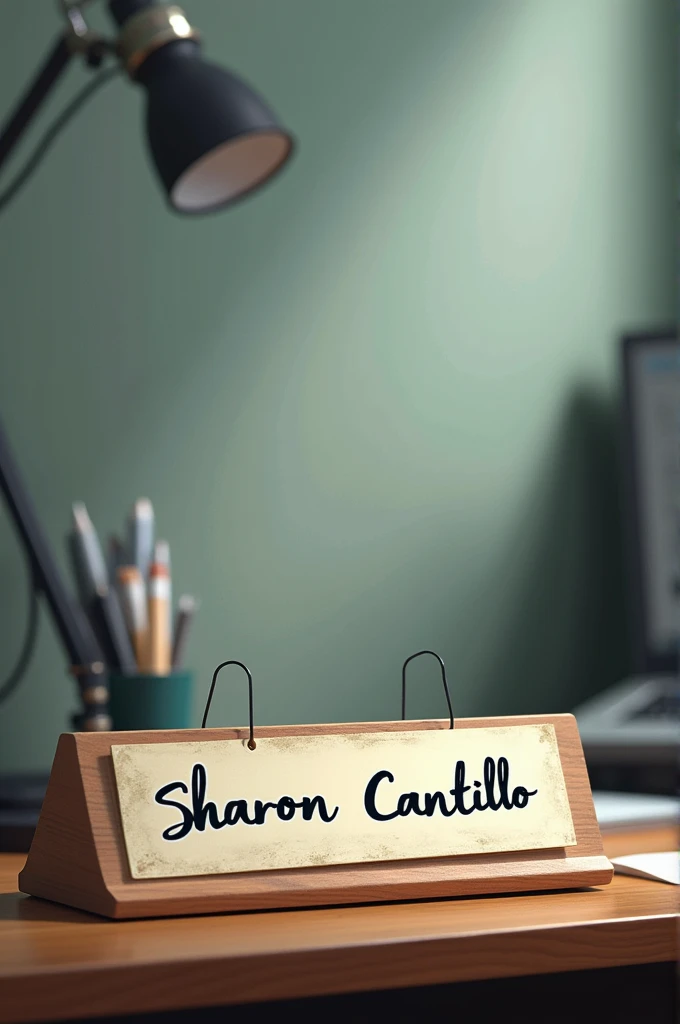 Create me a modern looking desk nameplate that says the following: "Wear. Sharon Cantillo, Physical Science."