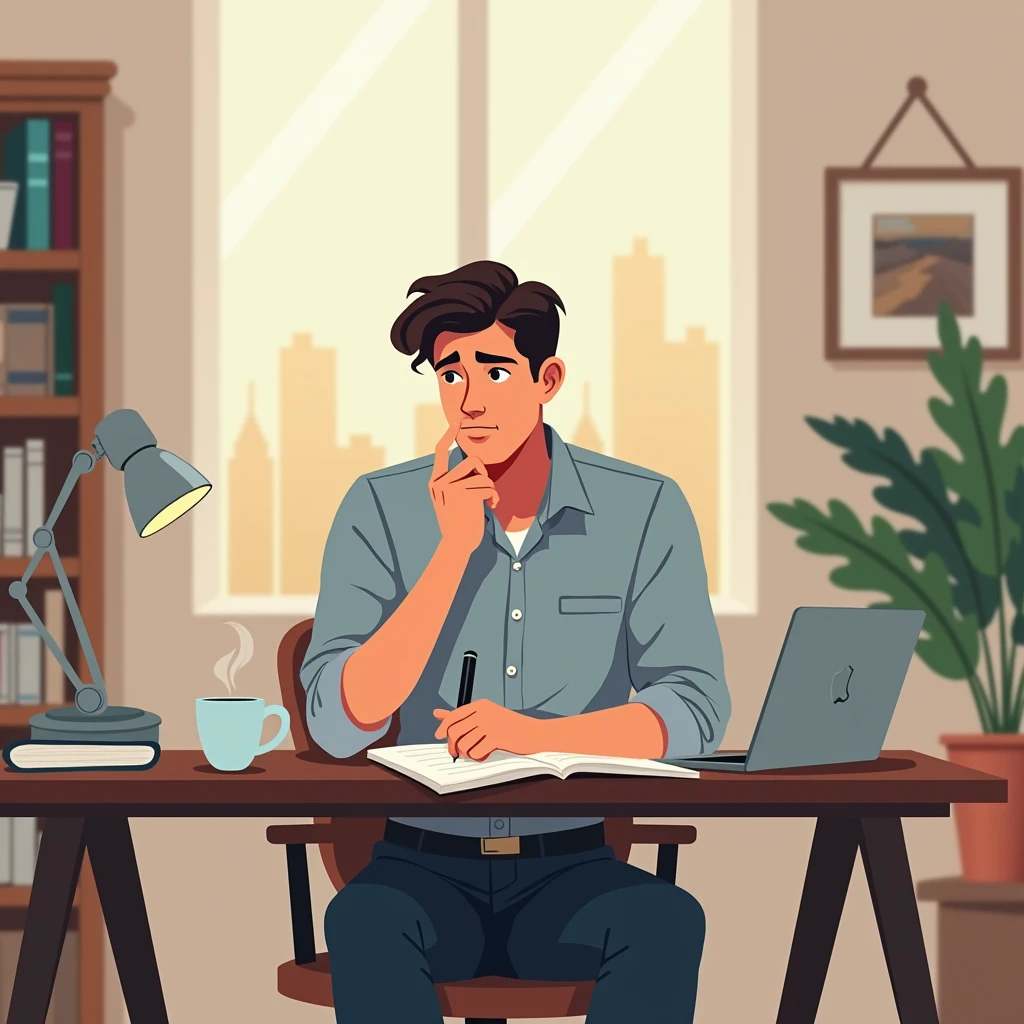 Create a logo image with a young man sitting at a table planning his future
