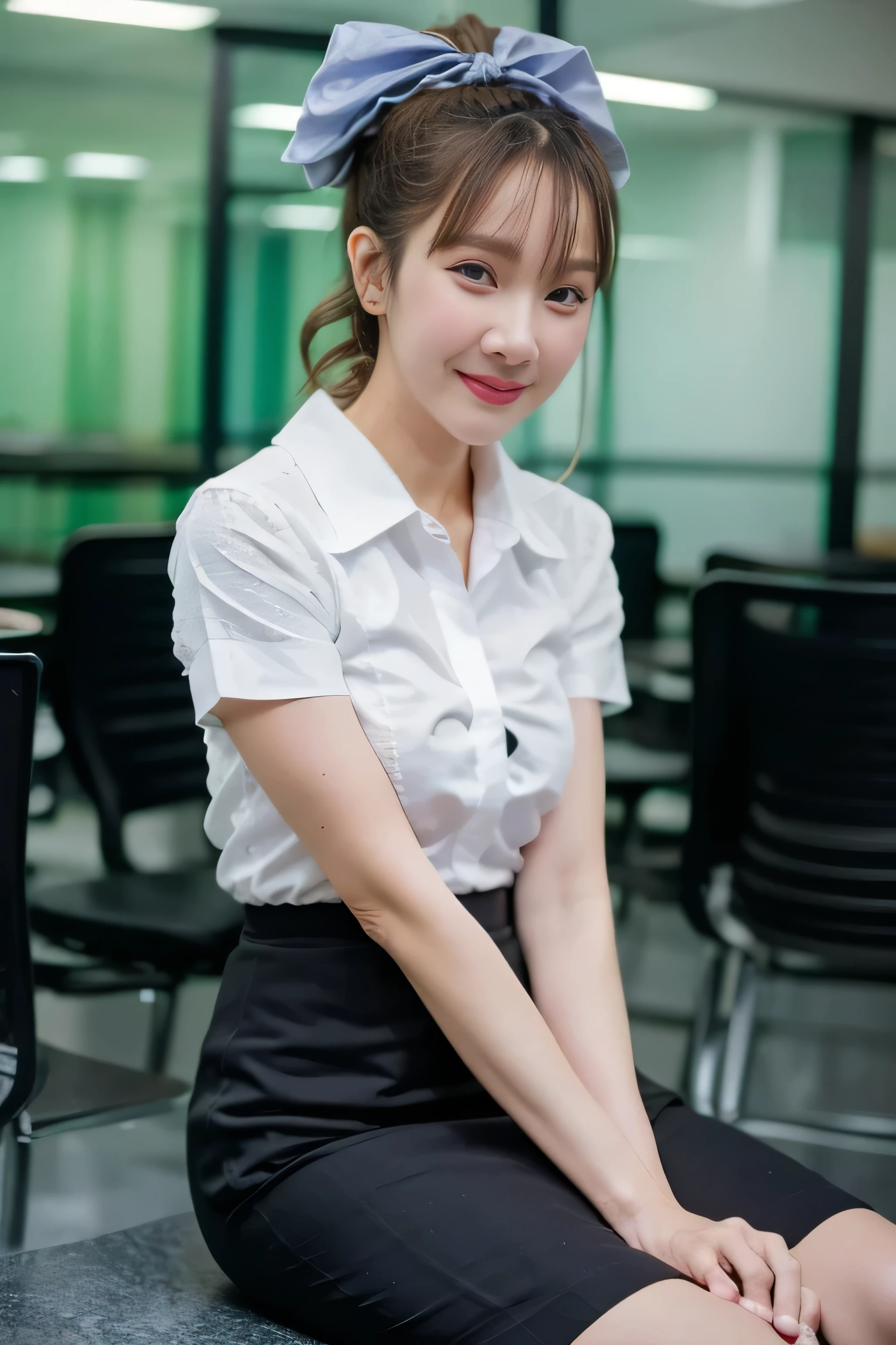 Close up,1 girl{{A beautiful woman wearing a white short-sleeved shirt and a short black pencil skirt}} ,( hair tied with a bow), sitting, sexy pose.  with several lecture tables set up behind it  There is a sliding glass window.  There was evening light streaming into the room.