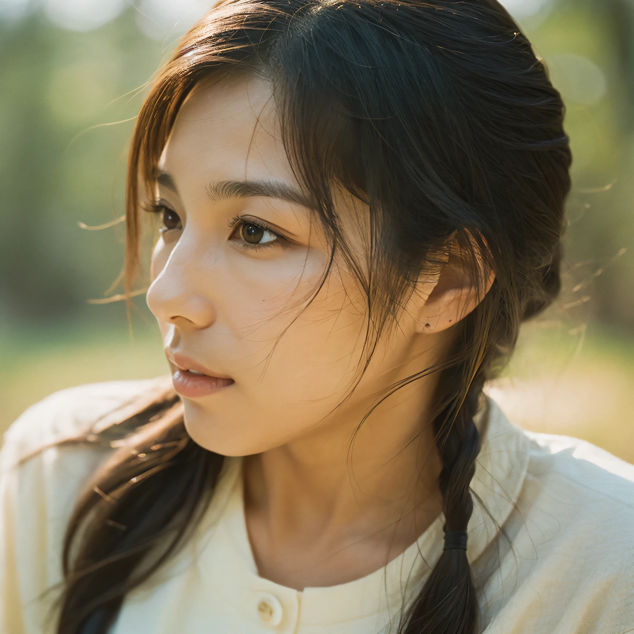 A hyper-realistic image of a single Japanese woman in her early 20s, captured with the nostalgic warmth and subtle graininess of a film camera. Her skin has a warm beige tone with a natural, slightly rough texture that includes visible pores, fine lines, and subtle imperfections such as small blemishes, adding to the authenticity of her appearance. The soft, diffused natural light enhances the film-like quality, casting gentle shadows that create a timeless, organic feel. Her straight, glossy black hair frames her face in a natural, slightly tousled manner, and her deep brown eyes reflect the ambient light, adding depth and emotion. The film camera effect introduces a slight grain and a softer focus, giving the image a warm, nostalgic atmosphere while maintaining the realistic texture of her skin. She is dressed simply, in a way that complements her natural beauty, with the overall composition designed to evoke a sense of genuine, understated elegance. The use of natural light, combined with the deliberately rougher texture of her skin and the film-like qualities, ensures that this image captures the imperfections that make her beauty truly lifelike, focusing solely on this one individual.