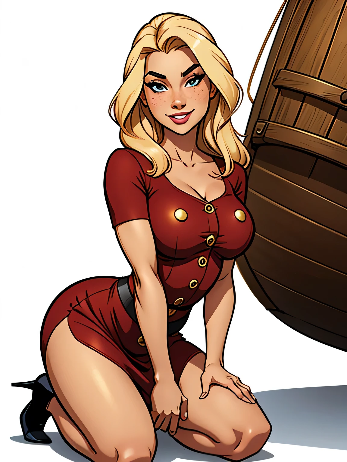 Thin woman, age 25, 4K (High definition), mysterious smile, seducing gaze, eyes browns, wearing a red dress with a boat neck (with golden buttons) and short sleeves, arms positioned at the side of the body, pele caucasiana, straight blonde hair up to the shoulders, kneeling, full of curves with freckles on her chest and neck, round breasts. High-quality Marvel style, white background.
