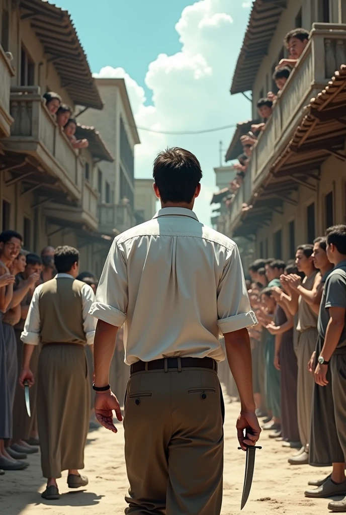 Image of a man with a white linen shirt with his back turned walking confused through a town during the day behind him 2 twin men together with knives and people leaning out murmuring