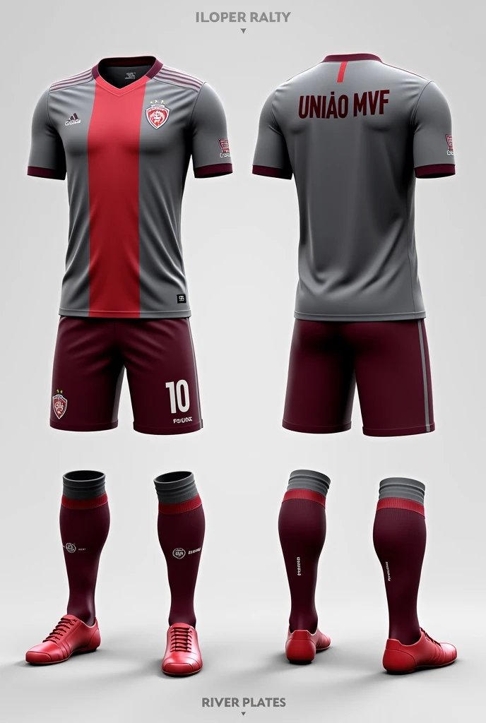 Create a complete River Plate uniform with gray and wine colors with the name Uniao MVF on the back 