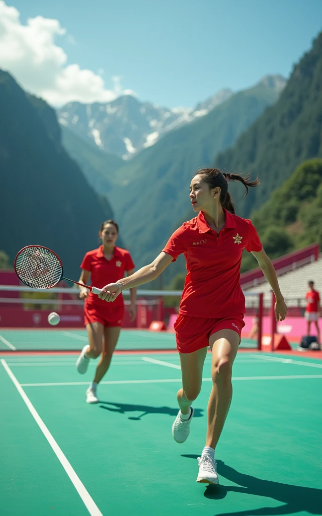 Chinese women's badminton,Women's Doubles,Red outfit,Beautiful facial features,White skin,full-body shot,Panoramic vistas,Wide-angle lens,Serve,Catch the ball,Jump Smash,Intense stimulation,Olympic Games Finals Background