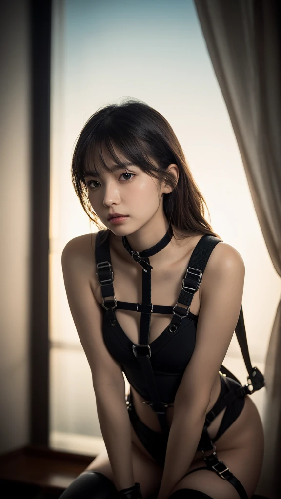 nsfw, kneel、masterpiece, Highest quality, 8k, 1 person, 20 I, Feels good:1.3, Ambiguous language, close, up of face, alone, cute, Like, Delicate, Pure beauty, ((Having one's hands tied above their head:1.3)), RAW Photos, Professional photography, Portraiture, Soft Light, Professional Lighting, Backlight, Looking forward to meeting you, Sophisticated, Film Grain, (Eye and facial details:1.0), long hair floating, ((Hands tied))、bondage, collar,beautiful, Flowing Hair, Hunchback、bangs, whole body、(BDSM:1.5),(Harness:1.5),(constrained:1.5),(Woman's hands tied:1.3),(Hanging by chains:1.5),(Restraint device:1.3),(Tied with a rope),(Tied up and unable to move),(masochism:1.5),(eroticism),(Both armpits are visible:1.5),(Place your hands behind your head:1.5),(String panties:1.3)