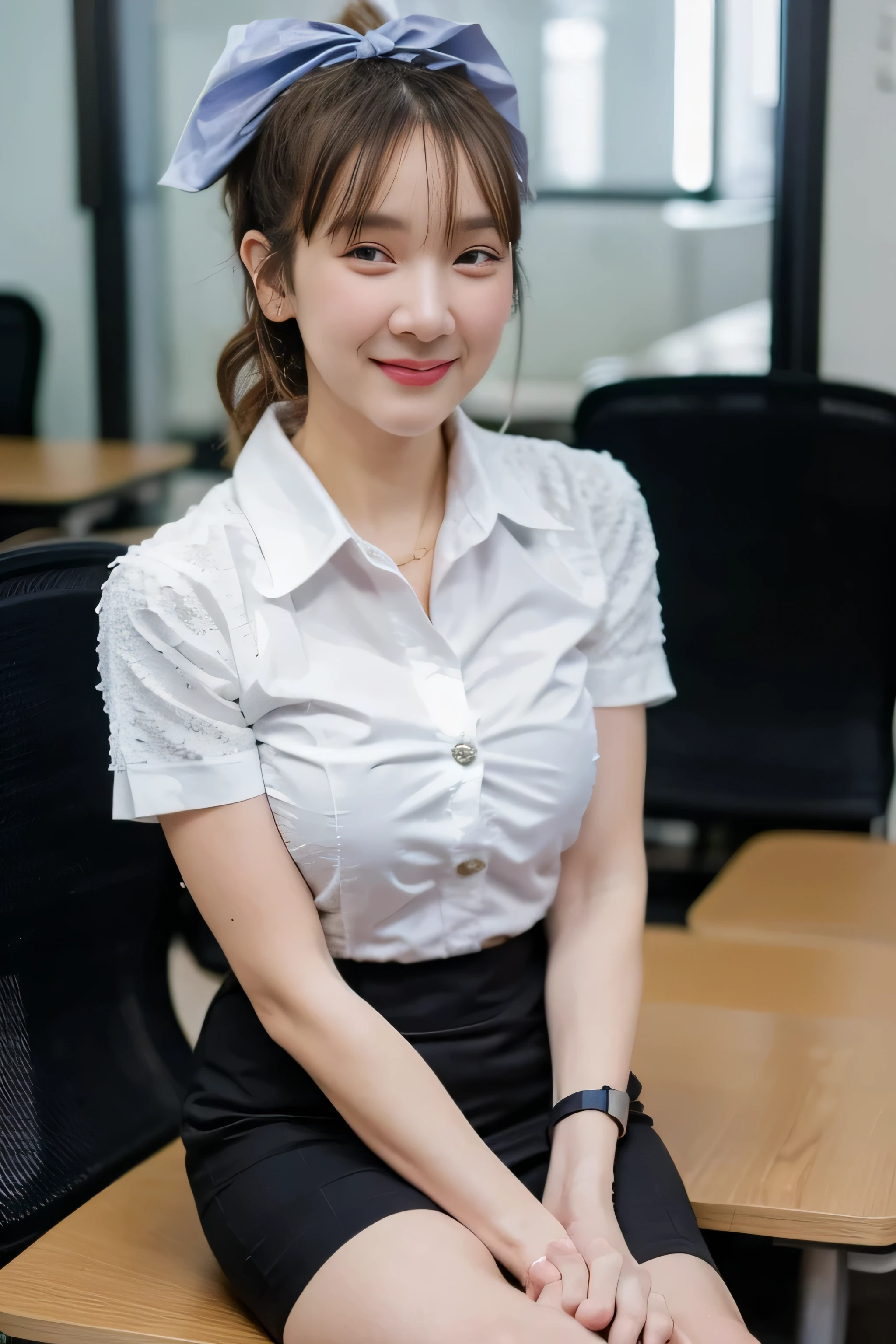 Close up,1 girl{{A beautiful woman wearing a white short-sleeved shirt and a short black pencil skirt}} ,( hair tied with a bow), sitting, sexy pose.  with several lecture tables set up behind it  There is a sliding glass window.  There was evening light streaming into the room.