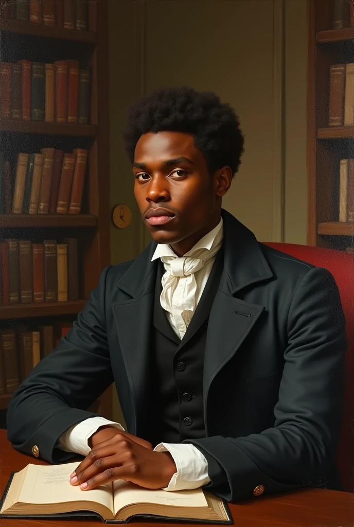 Oil painting in the 18th century style, XIX enlightenment influence of a 22 year old dark-skinned young man in a room with many books sitting at a table looking forward, do this inspired by the painting of Marquês de Pombal.
