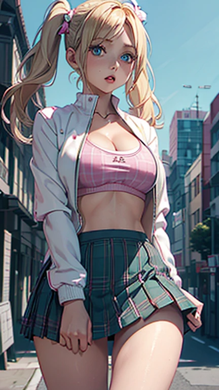 (busty girl), alone, (unexpected expression) (open mouth, (white jacket), pink (sports bra), narrow and constricted waist, lower body with a pear-green plaid skirt, narrow hips, , (blond hair) bows (pigtails), white ribbon, big eyes, blue eyes, sunny metropolis