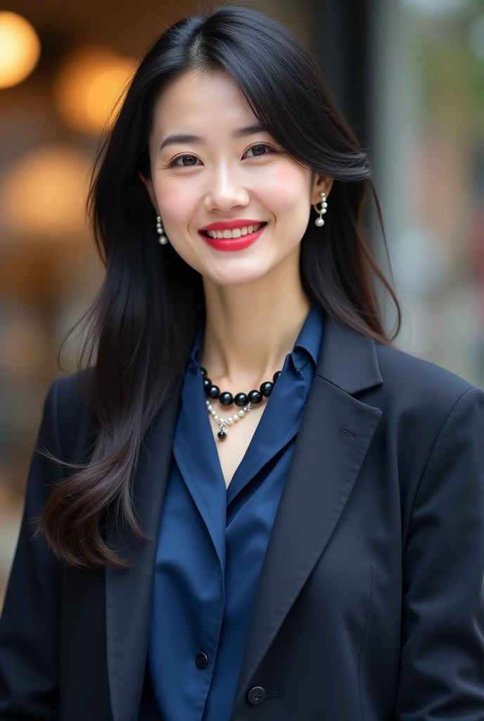 43-year-old Japanese housewife, shopping, facing forward and looking at camera, full-body, long straight black hair with noble earrings, subtle wrinkles at the corners of her eyes, gentle features accentuated by bright red lipstick, smiling, wearing black pearl necklace, dark blue formal suit jacket and blue satin ribbon blouse with sophisticated design, photographed in high resolution