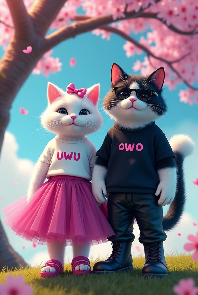 anthropomorphic white female cat with soft and fluffy fur and ribbon on her head, write 'uWu' on her white shirt and magenta tutu skirt and magenta croc sandal. And anthropomorphic black and white male cat with soft and fluffy fur & rocker style black glasses, write 'oWo' on his black shirt and leather pants and boots. They are standing side by side on the hill with cherry blossom tree, blue and bright sky, cinematic color grading, dramatic lighting. full body shot.