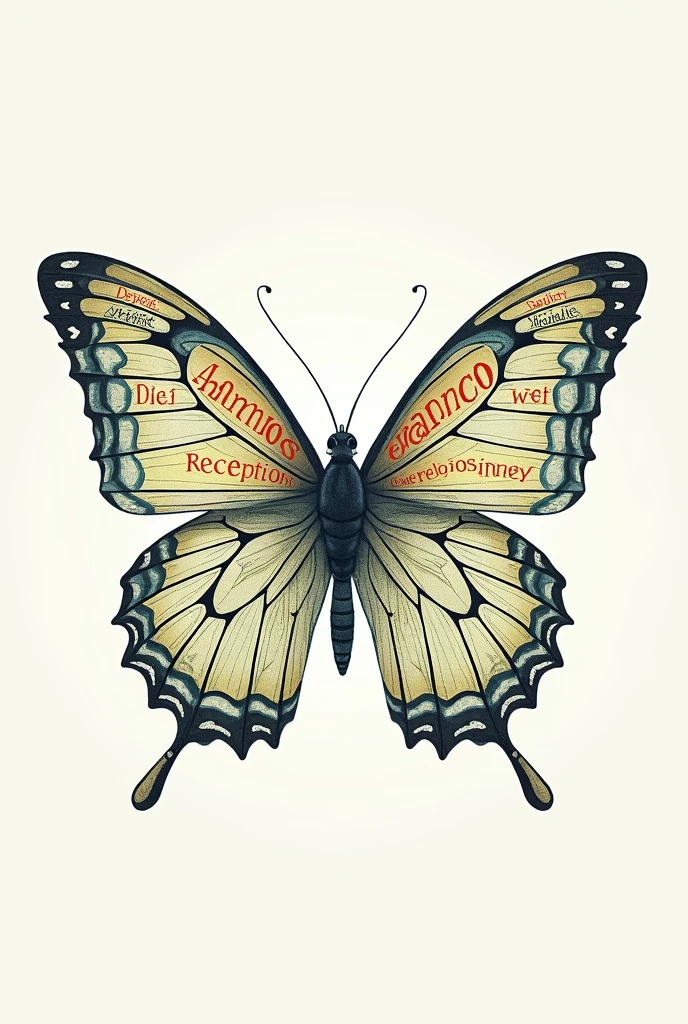 Create an illustration in Portuguese in the shape of a butterfly formed by the words "reception, quality of life, Amemos, humanisation, comfort, dignity, Family, Respect, health, science, interdisciplinarity, autonomy, CAUTION, Wet wet" the words must be in Portuguese