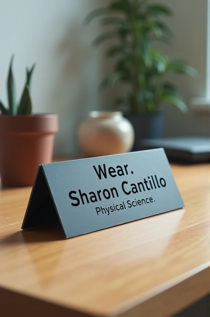 Create me a modern looking desk nameplate that says the following: "Wear. Sharon Cantillo, Physical Science."