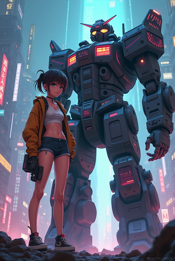 Anime girl in short shorts and jacket next to a giant robot, artwork in the style of guweiz, cyberpunk anime girl mecha, trends on cgstation, Guweiz, por Russell Dongjun Lu, cyberpunk anime digital art, ross tran 8k, Guweiz on Artstation Pixiv, girl with mecha cybernetic armor