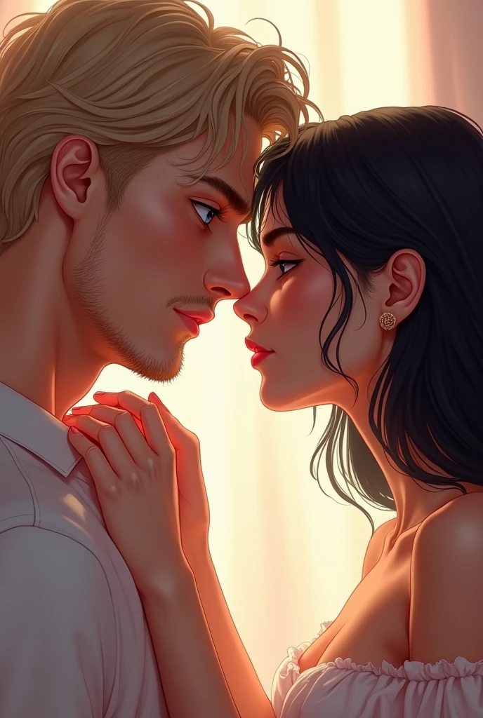 Imagine a cover in pastel tones, I want my protagonists to appear on the cover, A man with blond hair, disordered, tall blue eyes, marked jaw, prominent factions,I want her to be looking into the eyes of my female protagonist with shoulder-length black, semi-wavy hair, dark brown eyes, both with fine features, that in the photograph you can see sexual tension between them, something sensual. He fondles the features of the woman and tenses the man&#39;s, noting her femininity and his masculinity.. Take the ring off the man, only my female protagonist with hoop.
Remove the man&#39;s beard and I want his blue eyes to show love and be noticeable and the woman MAKE HER WITH DARK EYES AND MORE SIMILAR TO THE ONE IN THE PREVIOUS IMAGE.
Dark eyes in women, use this same image but she has DARK EYES