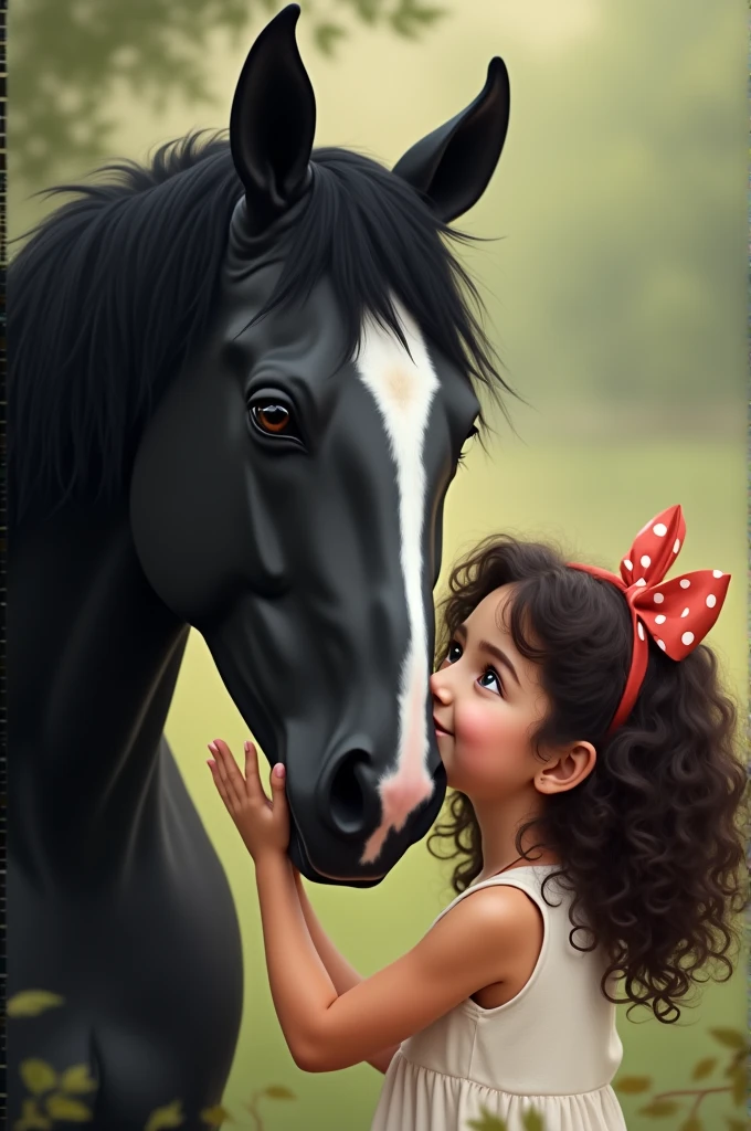 One of the medium dark brown curly hair with a bow in the middle of the head softening a black mangalarga horse with a white spot on the forehead that goes to the horse's mouth
