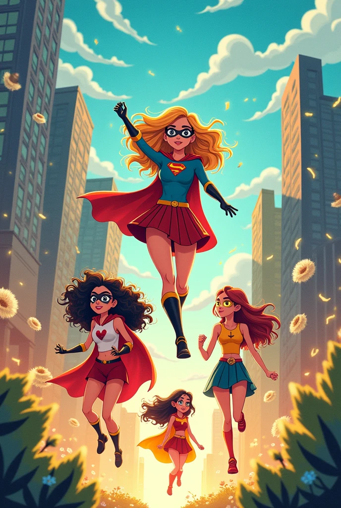 Cartoons of superhero girls of 8 frames story about friendship