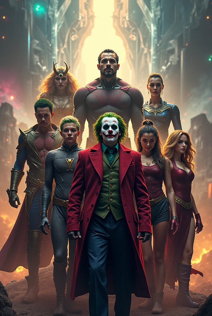 Put all the characters below in one image Mad Hatter - from the Alice in Wonderland Universe Cyborg - Superhero from the DC Universe Joker from DC Echo (Maya Lopez)Heroine of the Marvel Universe Jason Grace - Son of Zeus Leo Valdez - Son of Hephaestus Loki - Anti-Hero and god of trickery of the Mythological Universe Nico di Angelo - Son of Hades Piper McLean - Daughter of Aphrodite Professor Xavier - Superhero of the Marvel Universe Reyna Avila - Daughter of Bellona Toph - Master Earthbender of the Nickelodeon Universe Thor - Superhero and god of thunder of the Mythological Universe