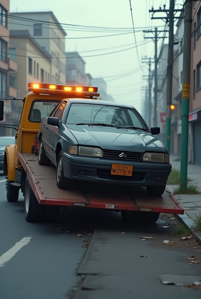 Create a scene of a car being towed by a tow truck. from sideways.