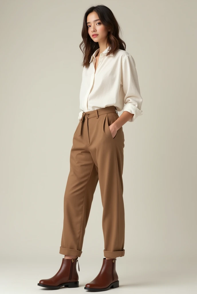 A girl wearing classy outfit,plain white shirt of linen wool material, brown pant, brown boots 