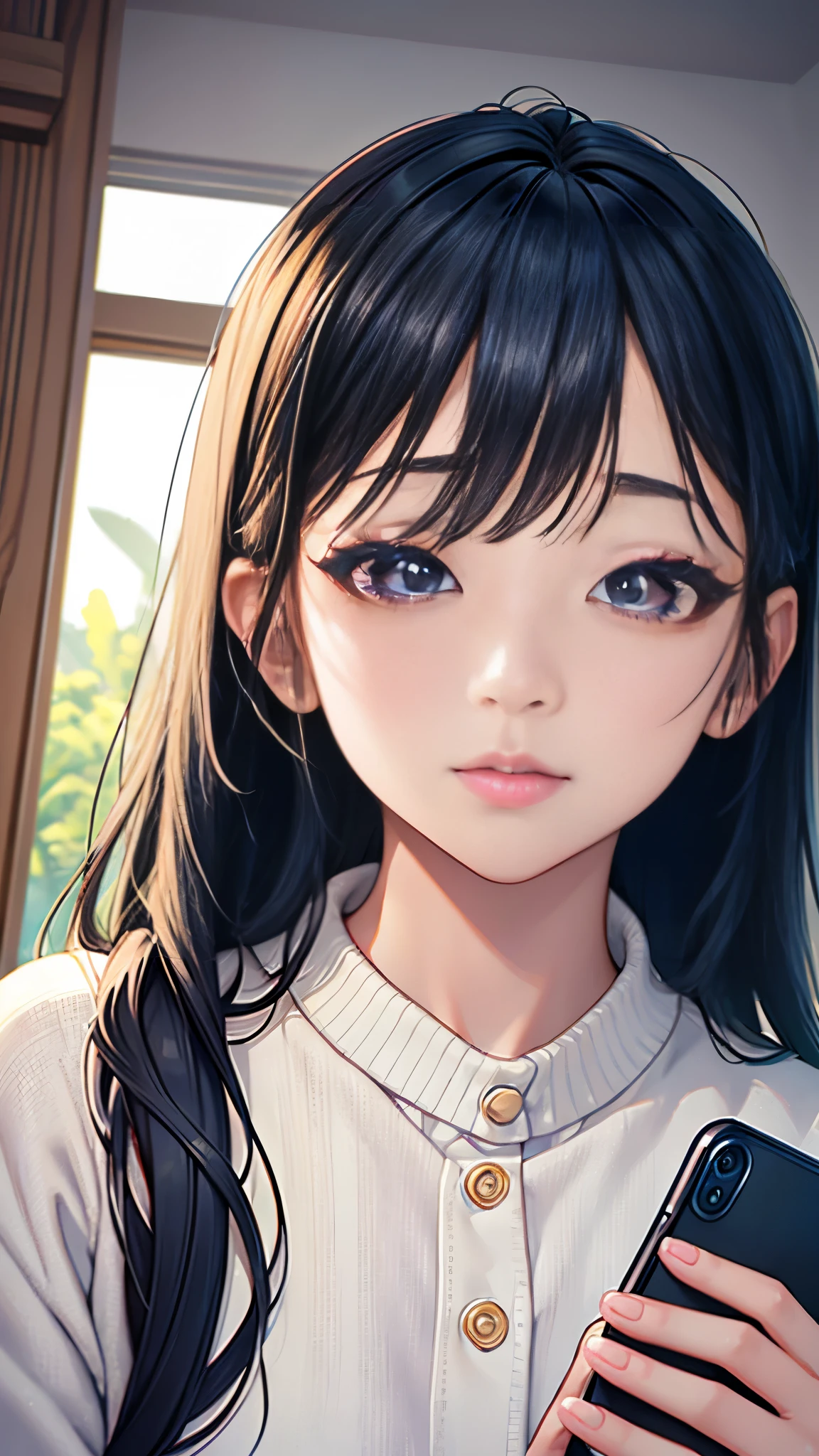 a cute Korean girl streaming on TikTok, beautiful detailed eyes, beautiful detailed lips, extremely detailed face, long eyelashes, stunning facial features, natural skin, youthful and vibrant, holding a phone, filming herself, soft natural lighting, indoor setting, minimalist background, high quality digital art, photorealistic, 8k, hyper detailed, vibrant colors, warm tones