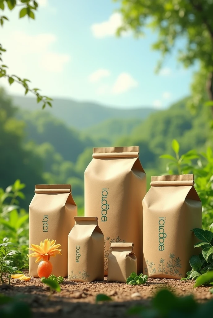 Help me generate an image about the mission of the Ecopack company, which is to produce and market biodegradable and sustainable packaging for food products., Using raw materials such as corn starch and recycled paper to ensure that all their products are fully compostable.
