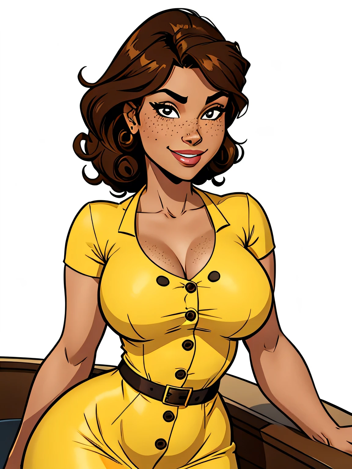 Thin woman, age 25, 4K (High definition), mysterious smile, seducing gaze, eyes browns, wearing a yellow dress with a boat neck (with golden buttons) and short sleeves, arms positioned at the side of the body, brown skin, black curly hair to the shoulders, standing (upper body), full of curves with freckles on her chest and neck, round breasts. High-quality Marvel style, white background.