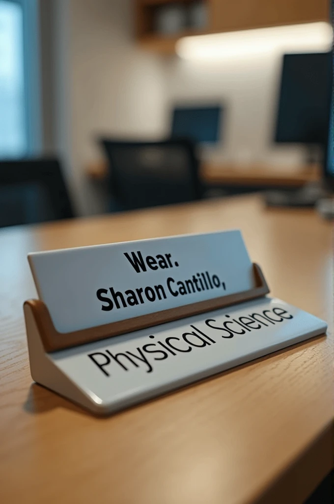 Create me a modern looking desk nameplate that says the following: "Wear. Sharon Cantillo, Physical Science."
