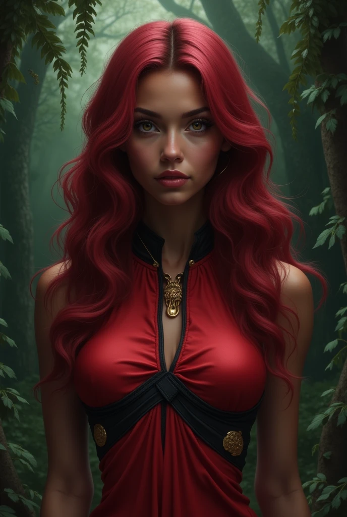 a girl from the waist up with dark skin with long wavy cherry-colored hair wearing a red outfit with black and gold details looking straight ahead with a dark enchanted forest background