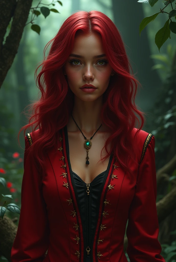 a girl from the waist up with dark skin with long wavy cherry-colored hair wearing a red outfit with black and gold details looking straight ahead with a dark enchanted forest background