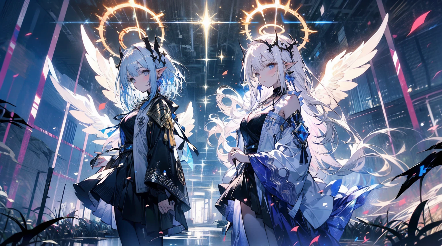 (((masterpiece))), (((Highest quality)))), Official Art, Highly detailed CG Unity 8k wallpaper, ((sketch))), night, rain, Beautifully detailed skies, Galactic,Starry sky background,Beautiful and delicate water, Game CG, Huge file sizes, sketch, Report, Angelic, Long white hair, Styled blonde hair, Wet Hair, Hair between the eyes, Hair behind the ear, Carefree eyes with white eyelashes, Yellow-eyed, Half-closed eyes, footwear, Halo, Cross Necklace, Looking down, Sit, Grab the long leg hair and decorate it, leaf hair accessories, In the forest, Lakeside, ((Big Chest))), ((( White))), Long Sleeve Dynamo, White blindfold, The golden wings of the Elven earrings are more yellow