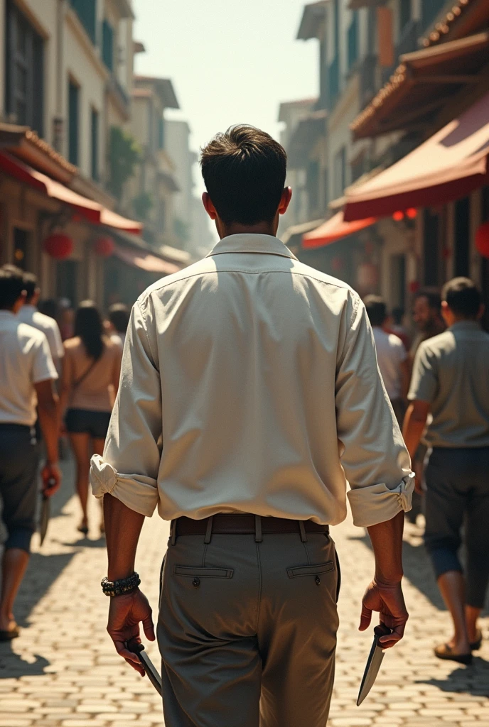 image of a man with a white linen shirt from behind walking confused through a town during the day behind him 2 twin men together the twins are holding knives and people are looking out murmuring