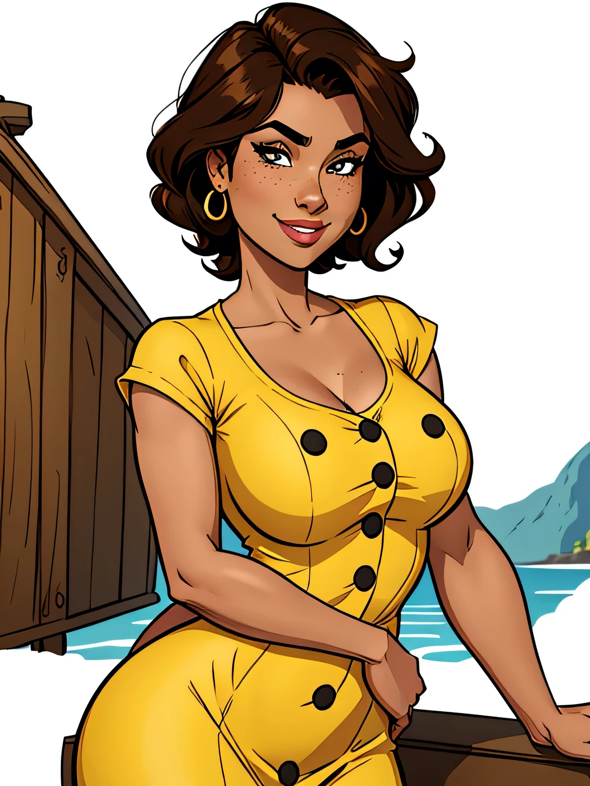 Thin woman, age 25, 4K (High definition), mysterious smile, seducing gaze, eyes browns, wearing a yellow dress with a boat neck (with golden buttons) and short sleeves, arms positioned at the side of the body, brown skin, black curly hair to the shoulders, standing (upper body), full of curves with freckles on her chest and neck, round breasts. High-quality Marvel style, white background.