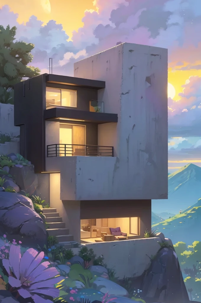 small and beautiful modern house in top of big boulders, terraces, pool, stairs, multiple cacti gardens, palms, trees, rocks, beautiful landscape design, mountains and volcano y background, amazing clouds, sun, moon, planets, milky way galaxy, concrete, wood, glass and steel materials, olive green, violet, orange and withe colors in facade