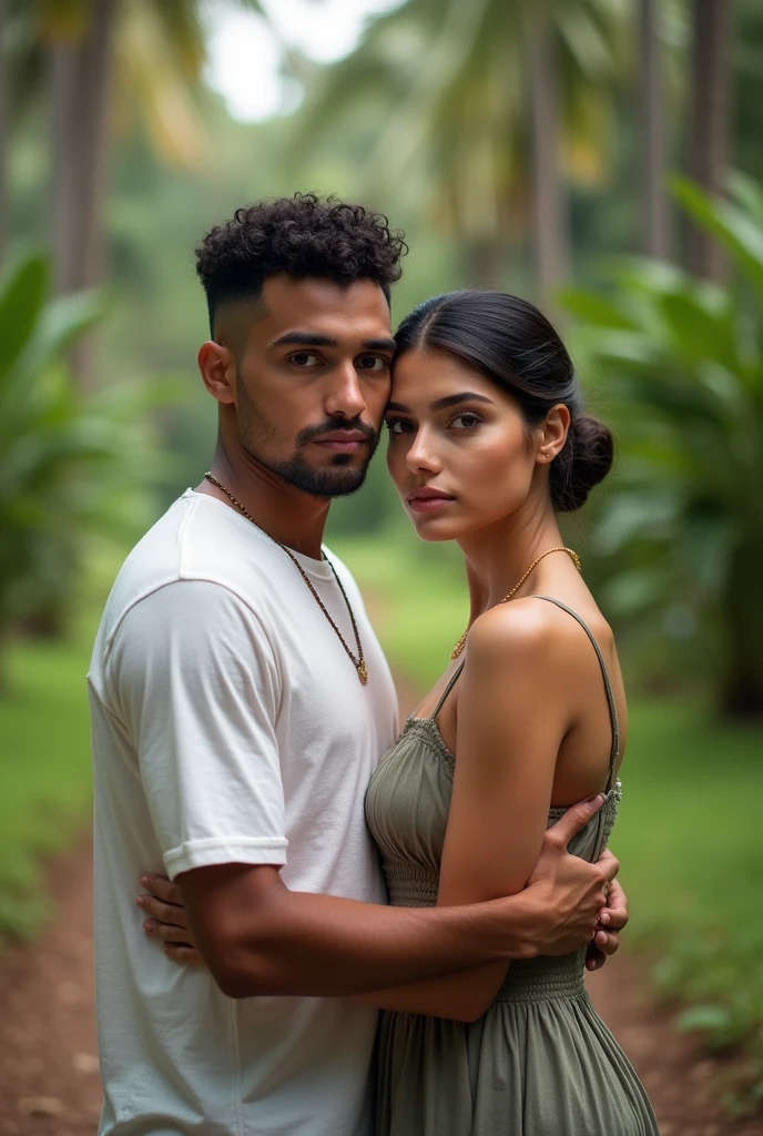 Tall young slim latino Man with the average face of a mexican man except his face has long oval shape has small narrow forehead, low hairline, downturned eyes, high cheekbones, straight eyebrows And straight bumpy wide nose, small mouth, light brown skin, curly black hair Ivy league haircut he Is standing next to a Tall young latina woman with the average face of a mexican woman except her face has long oval shape has small narrow forehead, low hairline, downturned eyes, curved eyebrows And straight wide nose, small mouth, of Curvy silhouette, light brown skin, her hair Is dark chocolate tied in a low bun with no loose strands , they are in a pasture with tropical trees at the distance looking at the camera with neutral expresion