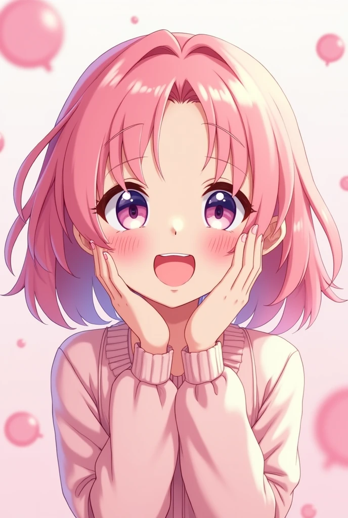Create a 2d image of a cute anime girl smiling with pastel pink hair all excited
