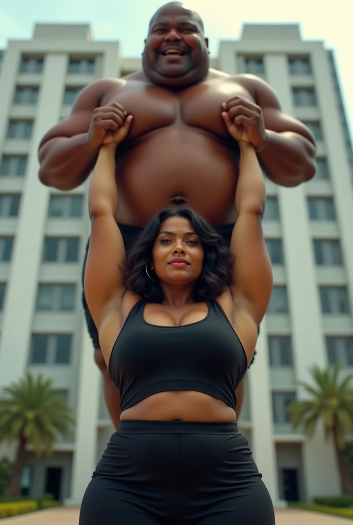 Beautiful Indian woman in black lifting a large chubby man high above her head with her strong arms. Photorealistic. Wide angle. Modern building in the background , natural smil