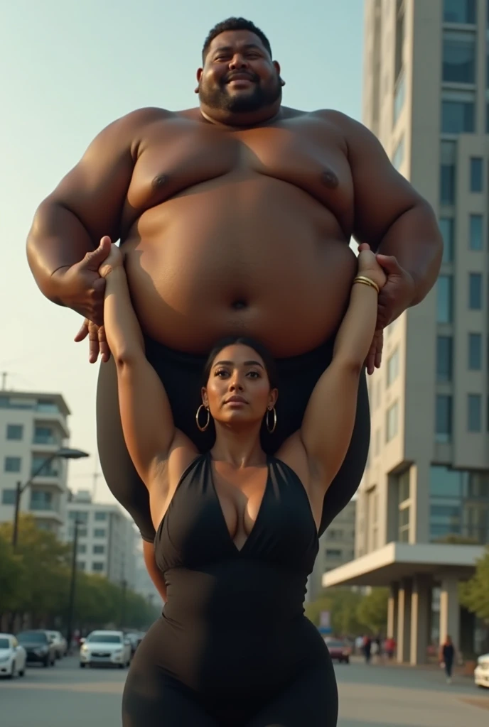 Beautiful Indian woman in black lifting a large chubby man high above her head with her strong arms. Photorealistic. Wide angle. Modern building in the background , natural smil