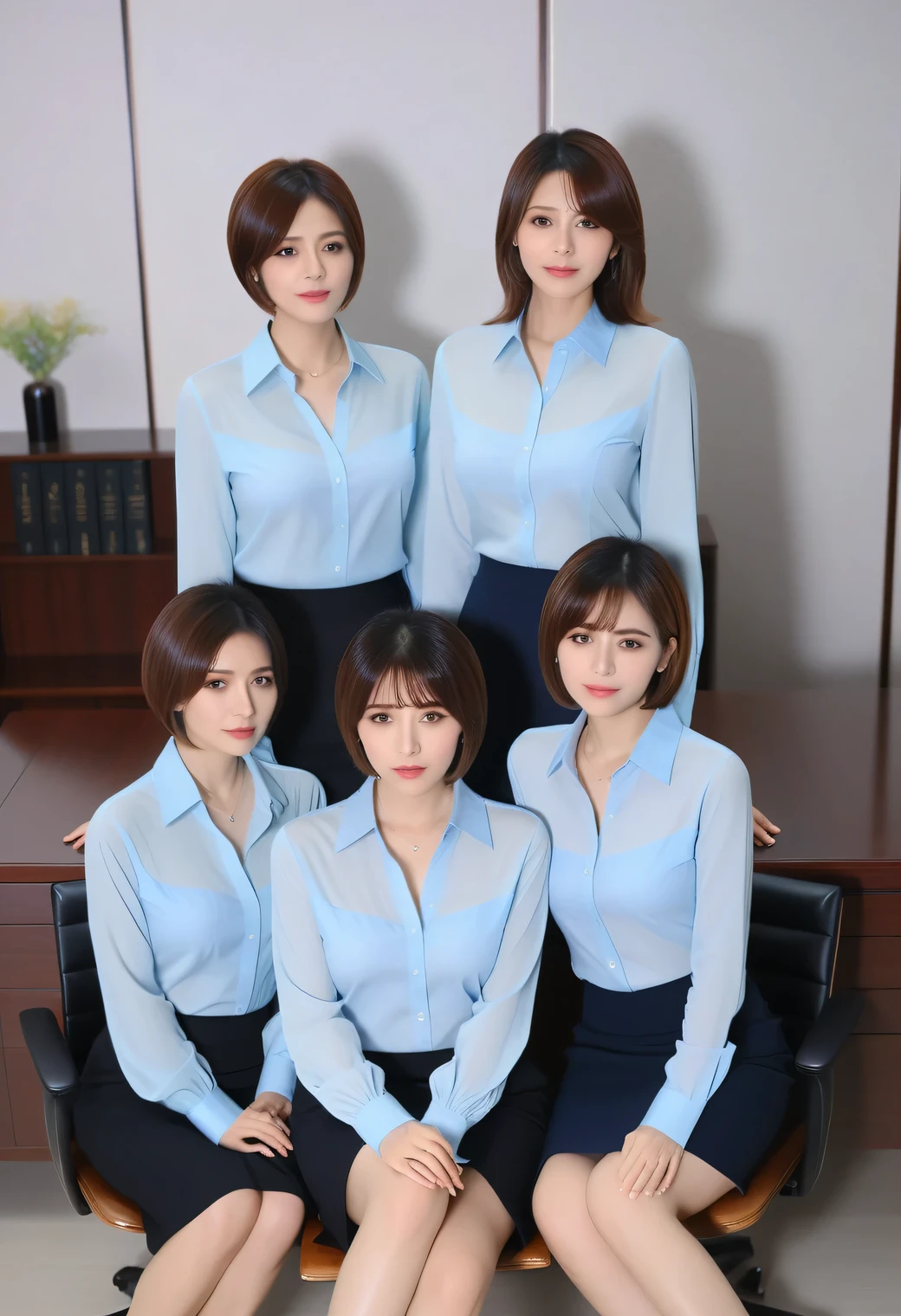 Highest quality、masterpiece、Group photo、(Light blue blouse), Large Breasts, ((Layered Haircut)),(8k,Highest quality),Full Body Shot,Shot from medium distances,office,secretary,President's office,Full body photo、 Adorable, smile, length, Brown Hair, 32K, masterpiece, Best image quality,Ultra-high resolution,Perfect hands,Black choker、blue eyes、bangs、Very lush and long eyelashes、 conference room、Summer clothes、((Big Breasts))