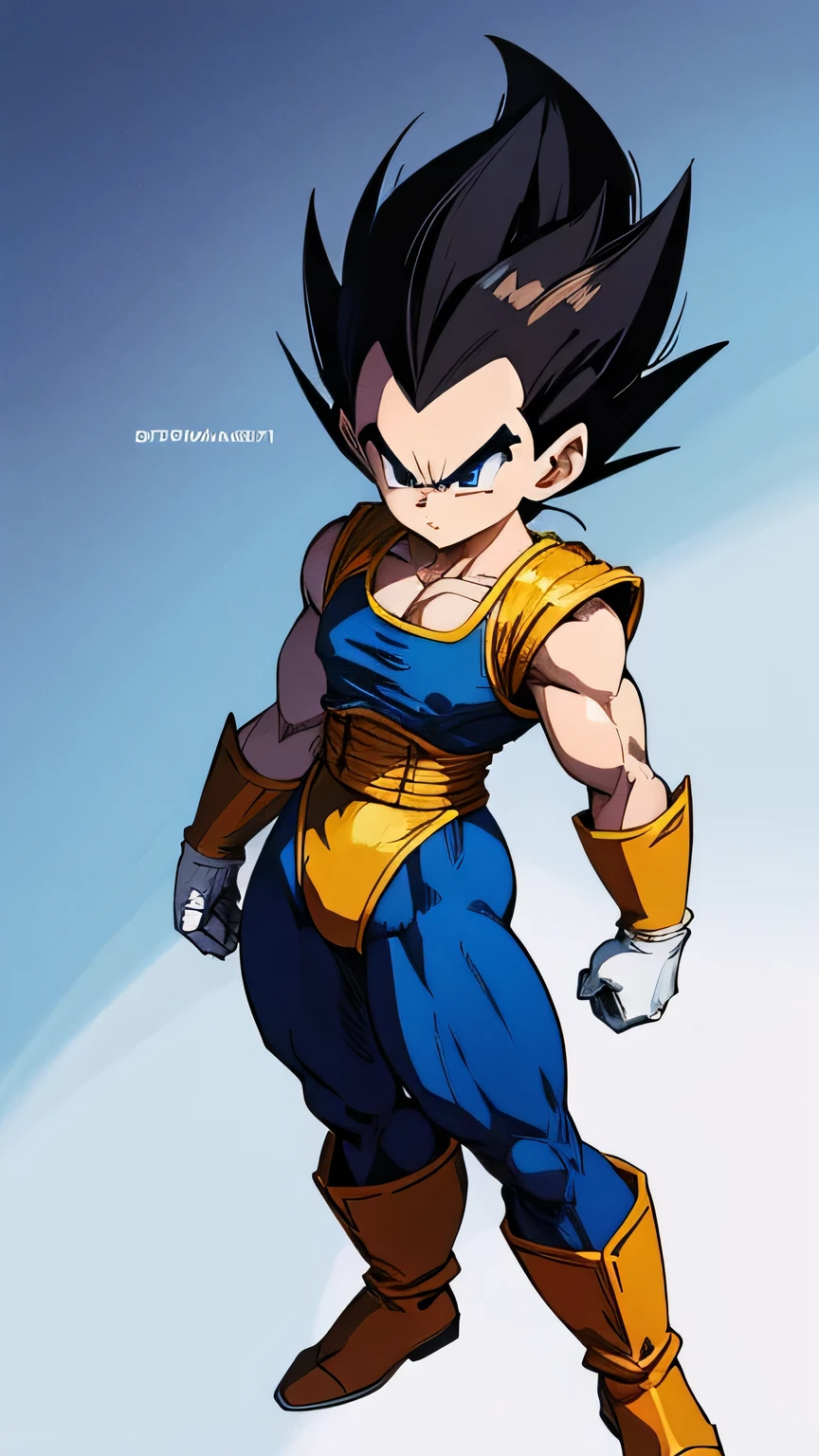 Dragon Ball character Vegeta, spiky black hair standing up, widow's peak, muscular build, stern expression, white gloves, blue bodysuit with white armor, gold boots, full body shot, anime style, detailed, high quality, Dragon Ball Z art style, Akira Toriyama character design, 1990s anime aesthetic, detailed facial features, sharp eyes"