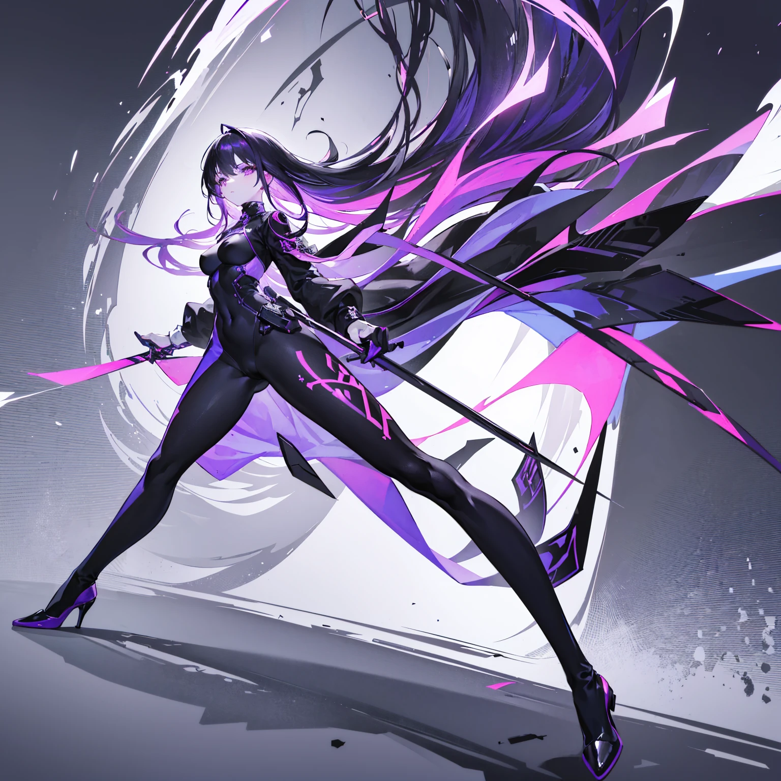 Please create a monochromatic full-body illustration of a woman with long purple hair and purple eyes. Her outfit should have long sleeves and be either black or white, contrasting with her pale white skin. The woman should be facing left. The overall design should be sleek and elegant, with a focus on the striking contrast between the colors. Make sure the illustration has a minimalistic yet visually impactful style. (masterpiece), (high quality), (4k), (full body: 1.4)