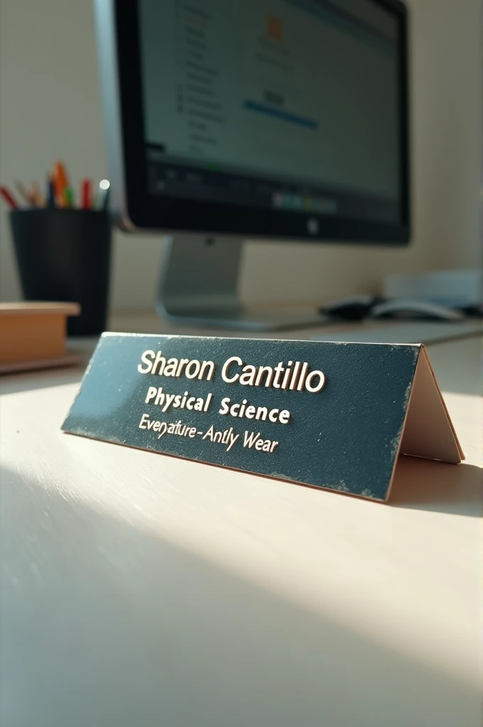 Create me a modern looking desk nameplate that says the following: "Wear. Sharon Cantillo, Physical Science."