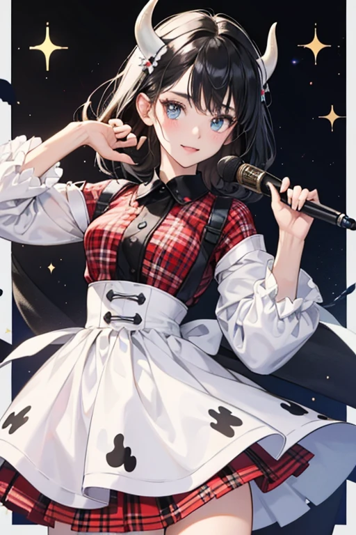 Cambrie is a white cow with black spots, black hair, and horns.
She wears a red gingham top and blue skirt with black spots. SPARKLE; GLITTER