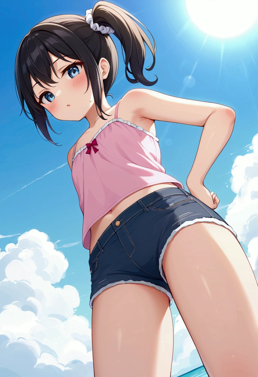 高いquality illustration, masterpiece, Very delicate and beautiful, masterpiece, Highest quality, High resolution, Very detailed, Perfect lighting、1 female、(Short side ponytail hair)、Black Hair、Flat Chest、White scrunchie、Ocean、Sandy Beach、sun、White cloud、Pink camisole、Jean Shorts、View from below、close up of shorts、Thigh、(back)、