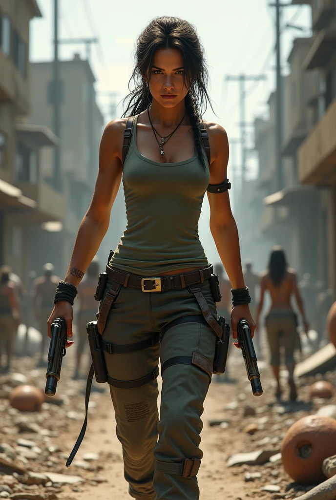 Lara Croft in sexy clothes in a zombie apocalypse