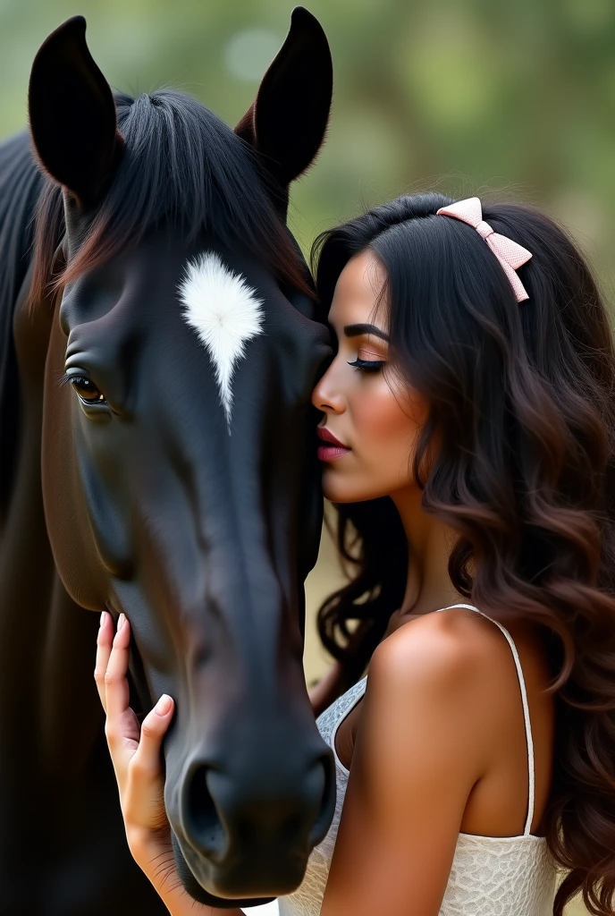 A sexy woman with medium dark brown curly hair with a bow in the middle of her head holding a black Mangalarga horse with a white spot on its forehead that goes all the way to the horse's mouth