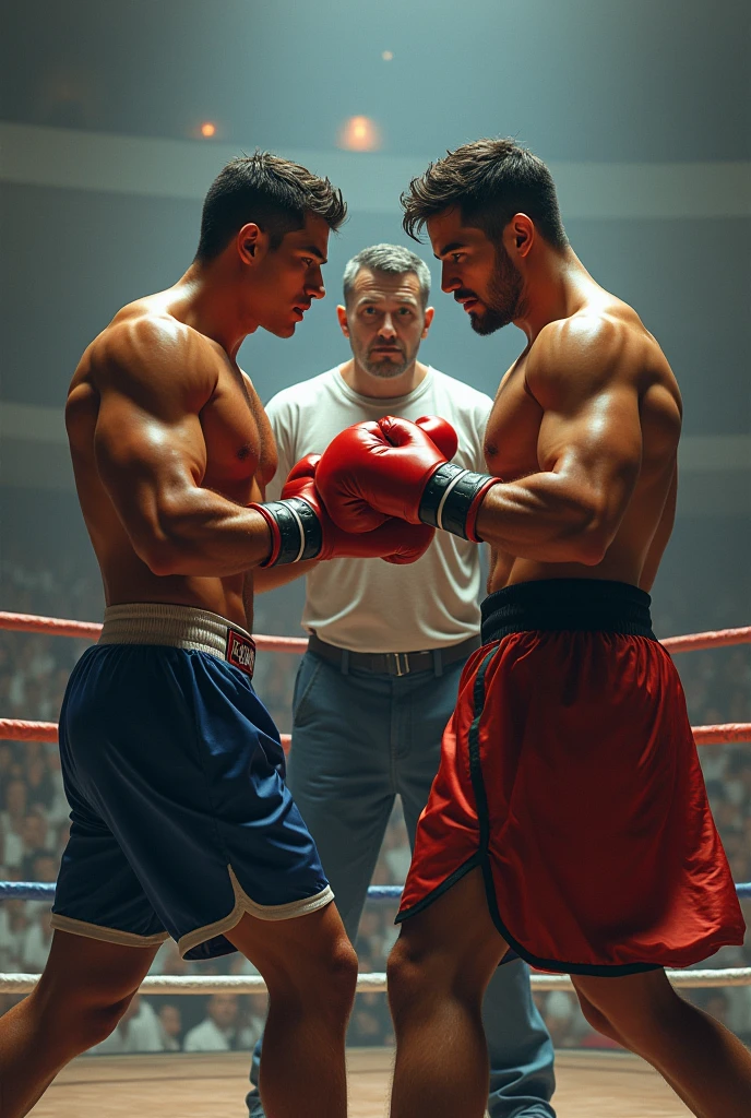 Crée moi une image d'un petit boxeur homme maigre en short, 
face à un homme maigre en kimono  ,
 sur un tapis de gym, 
 avec un arbitre en t-shirt 
