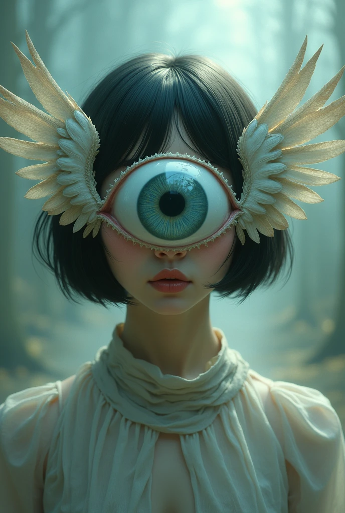 dreamcore girl with one eye giant on his face, short black hair, she has only one giant eye, and around the eye there are wings