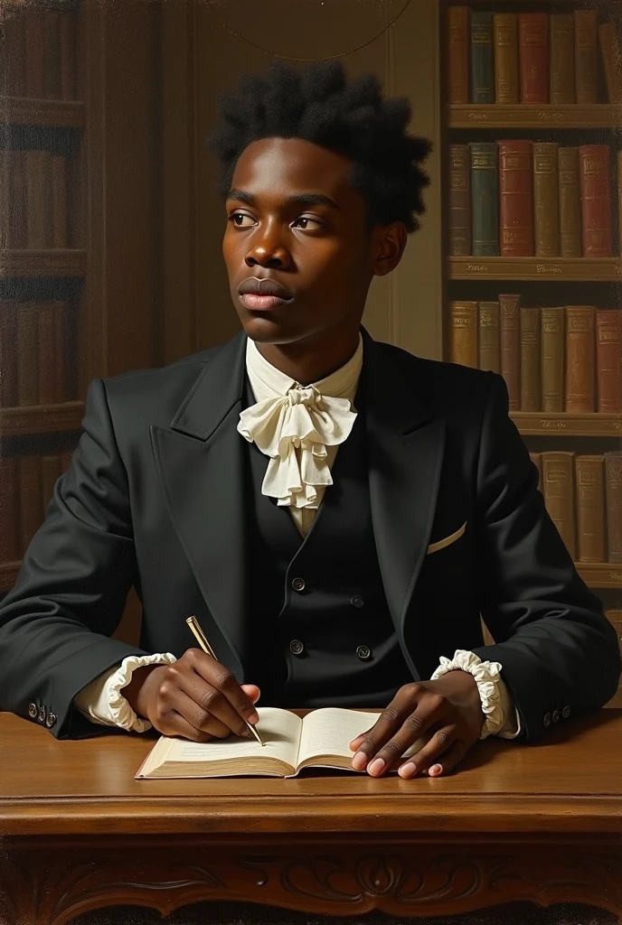 Oil painting in the style of the 16th and 18th centuries, Enlightenment influence of a 22-year-old dark-skinned young man in a room with many books sitting at a table looking forward in a very wide space , do this inspired by the painting of Marquês de Pombal.