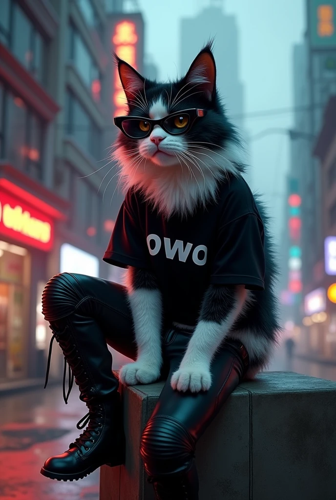anthropomorphic black and white male cat with soft and fluffy fur & rocker style black glasses, Sitting on the concrete wall in cyberpunk city, write 'oWo' on his black shirt and leather pants and boots, cinematic color grading, dramatic lighting